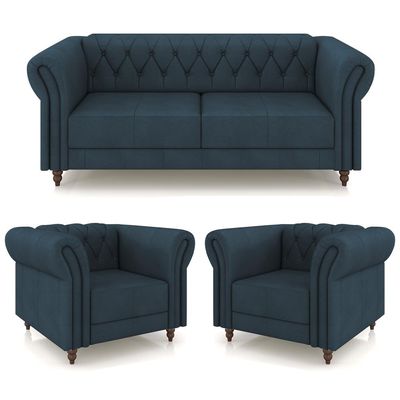 Conjunto Sala de Estar 1 Sofá Living 200cm e 2 Poltronas Stanford Chesterfield Pés Madeira Couro Azul Marinho G58 - Gran Belo