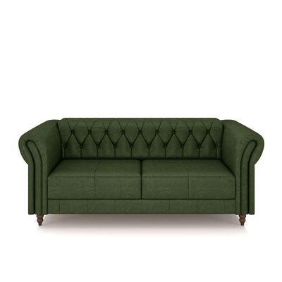 Conjunto Sala de Estar 1 Sofá Living 200cm e 1 Poltrona Stanford Chesterfield Pés Madeira Couro Verde Manchado G58 - Gran Belo