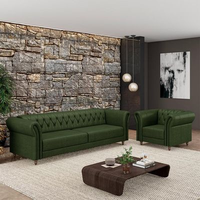 Conjunto Sala de Estar 1 Sofá Living 200cm e 1 Poltrona Stanford Chesterfield Pés Madeira Couro Verde Manchado G58 - Gran Belo