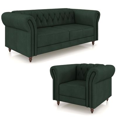Conjunto Sala de Estar 1 Sofá Living 200cm e 1 Poltrona Stanford Chesterfield Pés Madeira Couro Verde G58 - Gran Belo