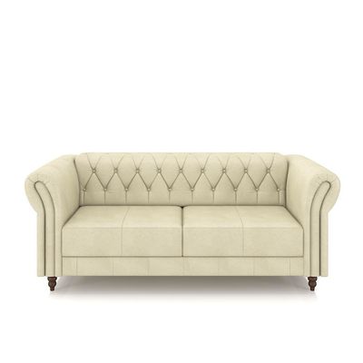 Conjunto Sala de Estar 1 Sofá Living 200cm e 1 Poltrona Stanford Chesterfield Pés Madeira Couro Off White G58 - Gran Belo