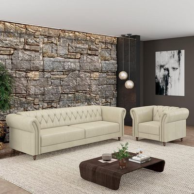 Conjunto Sala de Estar 1 Sofá Living 200cm e 1 Poltrona Stanford Chesterfield Pés Madeira Couro Off White G58 - Gran Belo