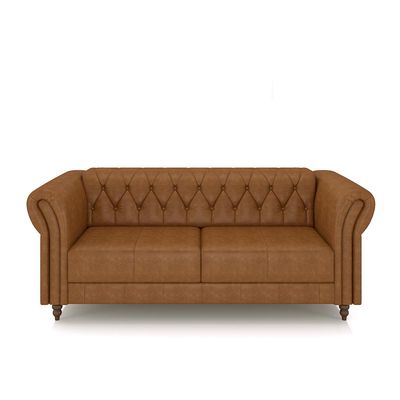 Conjunto Sala de Estar 1 Sofá Living 200cm e 1 Poltrona Stanford Chesterfield Pés Madeira Couro Mel Manchado G58 - Gran Belo