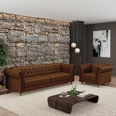 Conjunto Sala de Estar 1 Sofá Living 200cm e 1 Poltrona Stanford Chesterfield Pés Madeira Couro Marrom Manchado G58 - Gran Belo