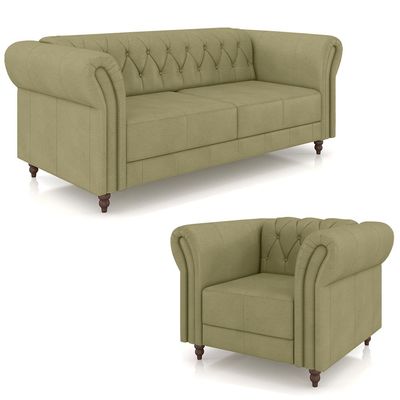 Conjunto Sala de Estar 1 Sofá Living 200cm e 1 Poltrona Stanford Chesterfield Pés Madeira Couro Fendi G58 - Gran Belo