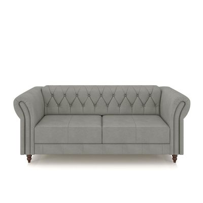 Conjunto Sala de Estar 1 Sofá Living 200cm e 1 Poltrona Stanford Chesterfield Pés Madeira Couro Cinza G58 - Gran Belo