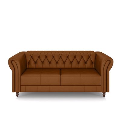 Conjunto Sala de Estar 1 Sofá Living 200cm e 1 Poltrona Stanford Chesterfield Pés Madeira Couro Caramelo G58 - Gran Belo