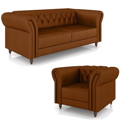 Conjunto Sala de Estar 1 Sofá Living 200cm e 1 Poltrona Stanford Chesterfield Pés Madeira Couro Caramelo G58 - Gran Belo