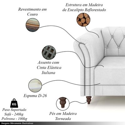 Conjunto Sala de Estar 1 Sofá Living 200cm e 1 Poltrona Stanford Chesterfield Pés Madeira Couro Branco G58 - Gran Belo