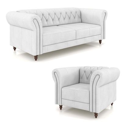 Conjunto Sala de Estar 1 Sofá Living 200cm e 1 Poltrona Stanford Chesterfield Pés Madeira Couro Branco G58 - Gran Belo