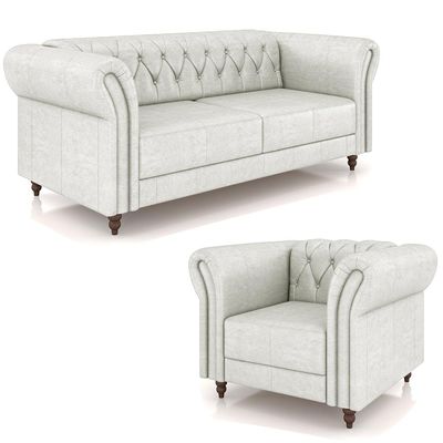 Conjunto Sala de Estar 1 Sofá Living 200cm e 1 Poltrona Stanford Chesterfield Pés Madeira Couro Branco Manchado G58 - Gran Belo