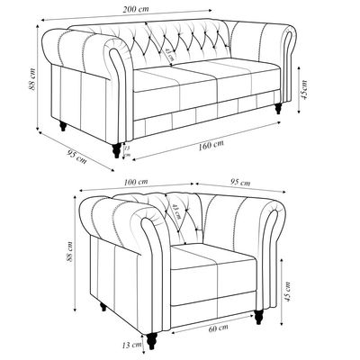 Conjunto Sala de Estar 1 Sofá Living 200cm e 1 Poltrona Stanford Chesterfield Pés Madeira Couro Branco Manchado G58 - Gran Belo