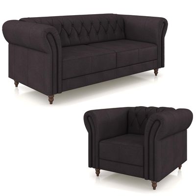 Conjunto Sala de Estar 1 Sofá Living 200cm e 1 Poltrona Stanford Chesterfield Pés Madeira Couro Borgonha G58 - Gran Belo