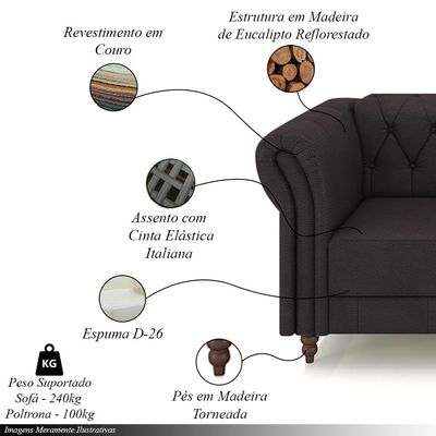 Conjunto Sala de Estar 1 Sofá Living 200cm e 1 Poltrona Stanford Chesterfield Pés Madeira Couro Borgonha G58 - Gran Belo