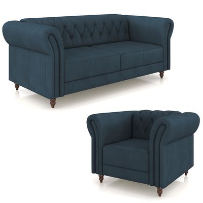 Conjunto Sala de Estar 1 Sofá Living 200cm e 1 Poltrona Stanford Chesterfield Pés Madeira Couro Azul Marinho G58 - Gran Belo