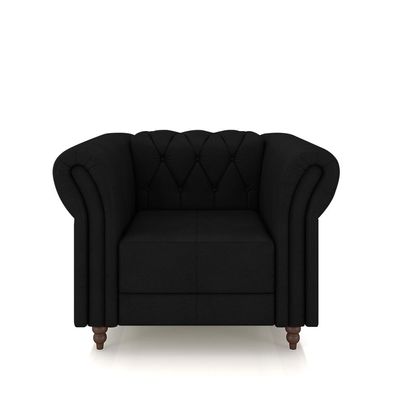 Conjunto Sala de Estar 1 Sofá Living 180cm e 2 Poltronas Stanford Chesterfield Pés Madeira Couro Preto G58 - Gran Belo
