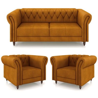 Conjunto Sala de Estar 1 Sofá Living 180cm e 2 Poltronas Stanford Chesterfield Pés Madeira Couro Mel G58 - Gran Belo