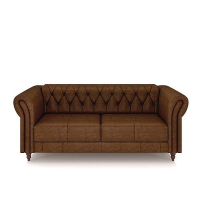 Conjunto Sala de Estar 1 Sofá Living 180cm e 2 Poltronas Stanford Chesterfield Pés Madeira Couro Marrom Manchado G58 - Gran Belo