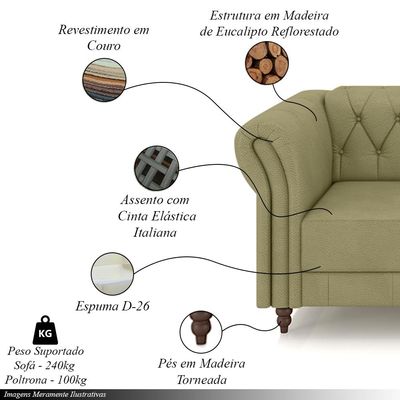 Conjunto Sala de Estar 1 Sofá Living 180cm e 2 Poltronas Stanford Chesterfield Pés Madeira Couro Fendi G58 - Gran Belo