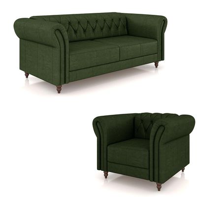 Conjunto Sala de Estar 1 Sofá Living 180cm e 1 Poltrona Stanford Chesterfield Pés Madeira Couro Verde Manchado G58 - Gran Belo