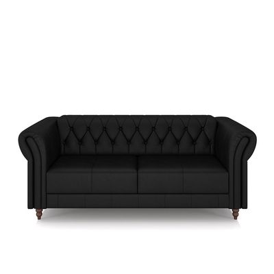Conjunto Sala de Estar 1 Sofá Living 180cm e 1 Poltrona Stanford Chesterfield Pés Madeira Couro Preto Brilho G58 - Gran Belo