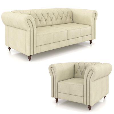 Conjunto Sala de Estar 1 Sofá Living 180cm e 1 Poltrona Stanford Chesterfield Pés Madeira Couro Off White G58 - Gran Belo