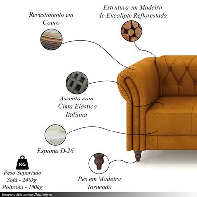 Conjunto Sala de Estar 1 Sofá Living 180cm e 1 Poltrona Stanford Chesterfield Pés Madeira Couro Mel G58 - Gran Belo