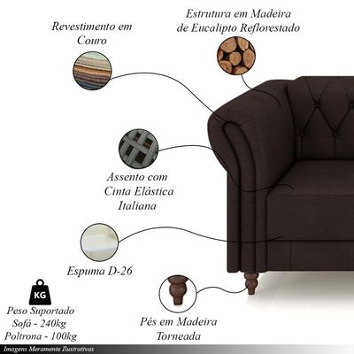 Conjunto Sala de Estar 1 Sofá Living 180cm e 1 Poltrona Stanford Chesterfield Pés Madeira Couro Marrom G58 - Gran Belo