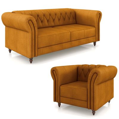 Conjunto Sala de Estar 1 Sofá Living 180cm e 1 Poltrona Stanford Chesterfield Pés Madeira Couro Mel G58 - Gran Belo