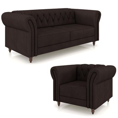 Conjunto Sala de Estar 1 Sofá Living 180cm e 1 Poltrona Stanford Chesterfield Pés Madeira Couro Marrom G58 - Gran Belo