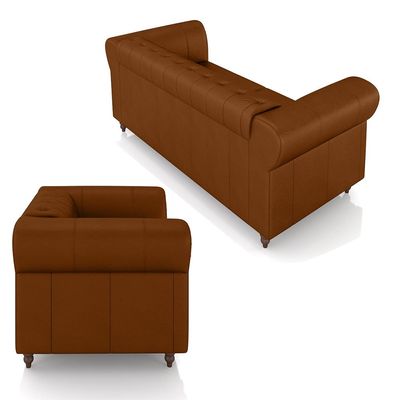 Conjunto Sala de Estar 1 Sofá Living 180cm e 1 Poltrona Stanford Chesterfield Pés Madeira Couro Caramelo G58 - Gran Belo
