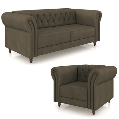 Conjunto Sala de Estar 1 Sofá Living 180cm e 1 Poltrona Stanford Chesterfield Pés Madeira Couro Capuccino G58 - Gran Belo