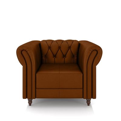 Conjunto Sala de Estar 1 Sofá Living 180cm e 1 Poltrona Stanford Chesterfield Pés Madeira Couro Caramelo G58 - Gran Belo