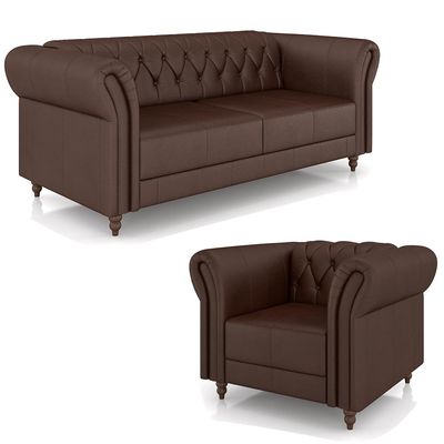 Conjunto Sala de Estar 1 Sofá Living 180cm e 1 Poltrona Stanford Chesterfield Pés Madeira Couro Marrom Brilho G58 - Gran Belo
