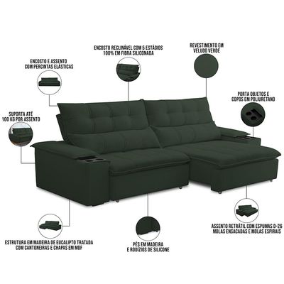 Sofá Retrátil Reclinável Para Sala de Estar Living 250cm Ártico F04 Veludo Verde - Lyam Decor