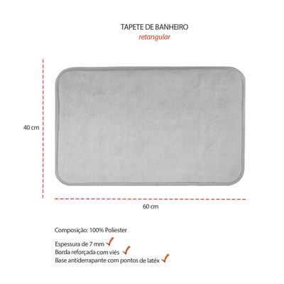 Tapete de Banheiro Cinza Antiderrapante Retangular 60x40cm
