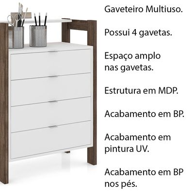 Gaveteiro Armário para Escritório Home Office AZ1012 MDP Branco/Nogal - Gran Belo
