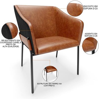 Cadeira Para Sala de Jantar Estar Living Olívia L02 Couríssimo Camel Preto - Lyam Decor
