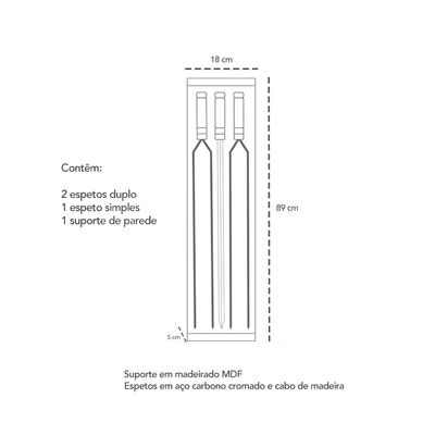 Espetos Duplo Simples Suporte Parede Preto Kit Churrasco 4pc