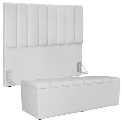 Kit Cabeceira Cama Box Casal 140cm Com Calçadeira Recamier Baú Dália W01 Facto Branco - Lyam Decor