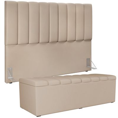 Kit Cabeceira Cama Box Casal Queen 160cm Com Calçadeira Baú Dália W01 Suede Bege - Lyam Decor