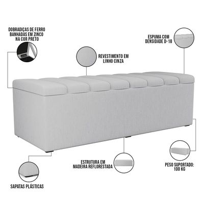 Kit Cabeceira Cama Box Casal Queen 160cm Com Calçadeira Baú Dália W01 Linho Cinza - Lyam Decor