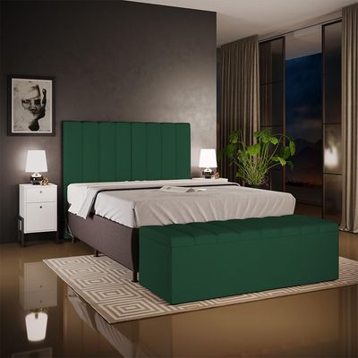 Kit Cabeceira Cama Box Casal 140cm Calçadeira Recamier Baú Dália W01 Suede Verde Musgo - Lyam Decor