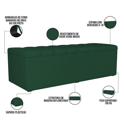 Kit Cabeceira Cama Box Casal 140cm Calçadeira Recamier Baú Dália W01 Suede Verde Musgo - Lyam Decor