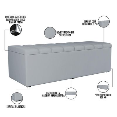 Kit Cabeceira Cama Box Casal Queen 160cm Com Calçadeira Baú Dália W01 Suede Cinza - Lyam Decor