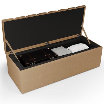 Kit Cabeceira Cama Box Casal 140cm Calçadeira Recamier Baú Dália W01 Linho Bege Escuro - Lyam Decor