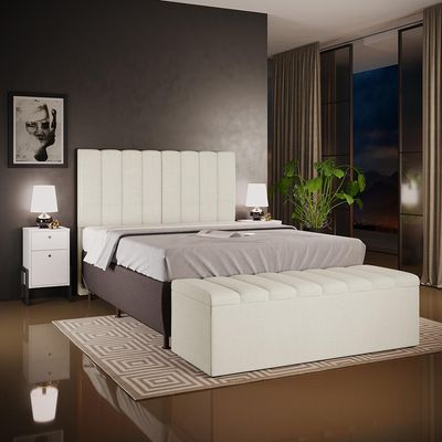 Kit Cabeceira Cama Box Casal 140cm E Calçadeira Recamier Baú Dália W01 Linho Champagne - Lyam Decor