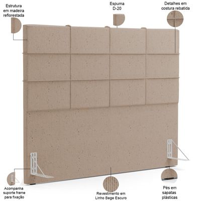 Kit Cabeceira Cama Box King 195cm com Calçadeira Roma W01 Linho Bege Escuro - Lyam
