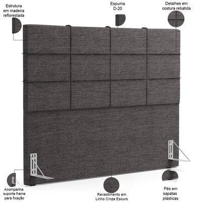 Kit Cabeceira Cama Box Queen 160cm com Calçadeira Roma W01 Linho Cinza Escuro - Lyam