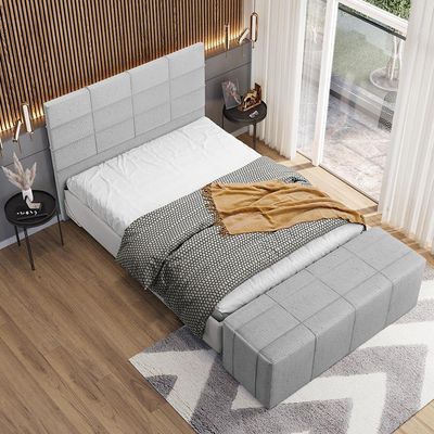 Kit Cabeceira Cama Box King 195cm com Calçadeira Roma W01 Linho Cinza - Lyam